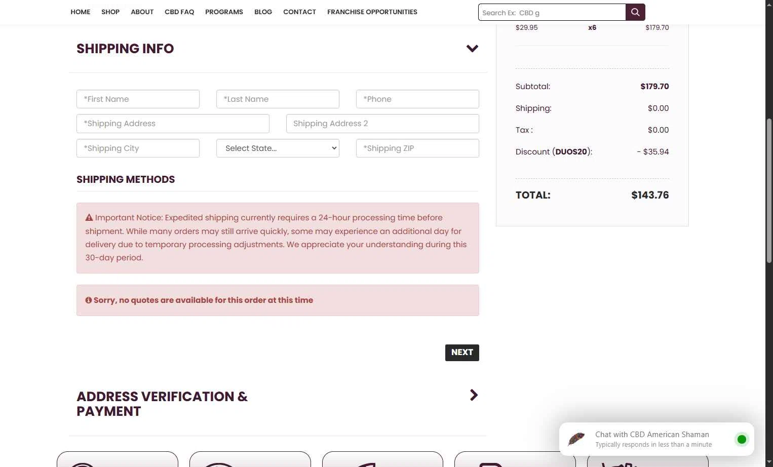 CBD American Shaman checkout page showing CBD American Shaman promo code box | Screenshot taken by SimplyCodes community member on Jan 16, 2026