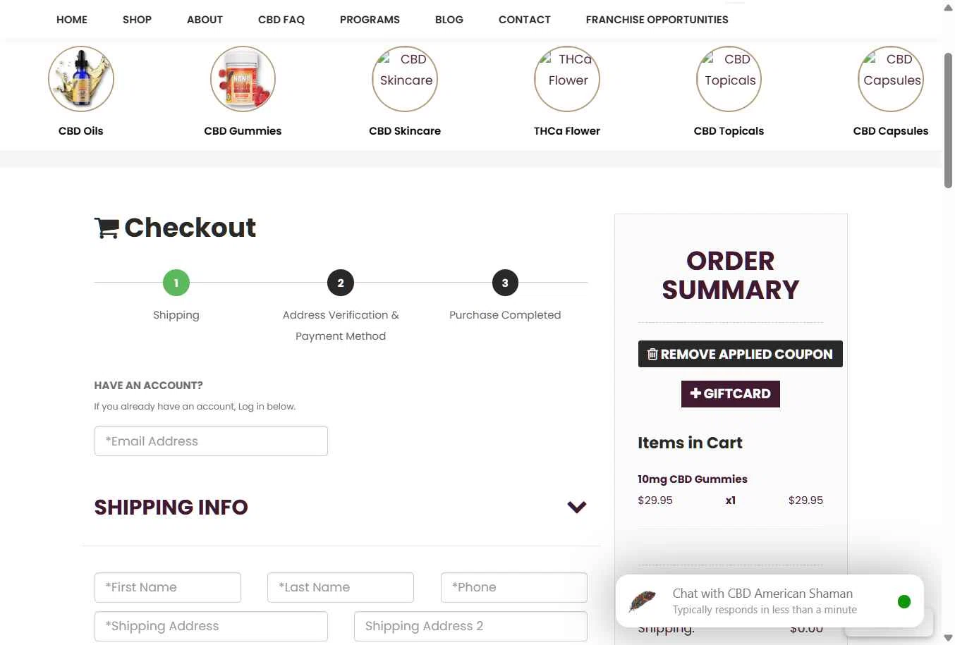 CBD American Shaman checkout page showing CBD American Shaman promo code box | Screenshot taken by SimplyCodes community member on Jan 27, 2026