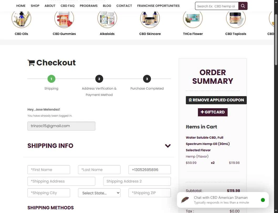 CBD American Shaman checkout page showing CBD American Shaman promo code box | Screenshot taken by SimplyCodes community member on Jan 31, 2026