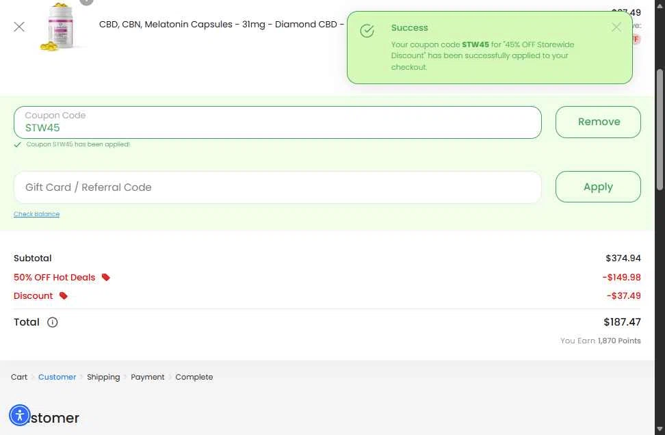 CBD Mall checkout page showing CBD Mall coupon code box | Screenshot taken by SimplyCodes community member on Jan 8, 2026