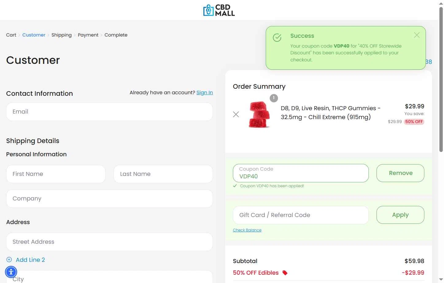 CBD Mall checkout page showing CBD Mall coupon code box | Screenshot taken by SimplyCodes community member on Nov 12, 2025