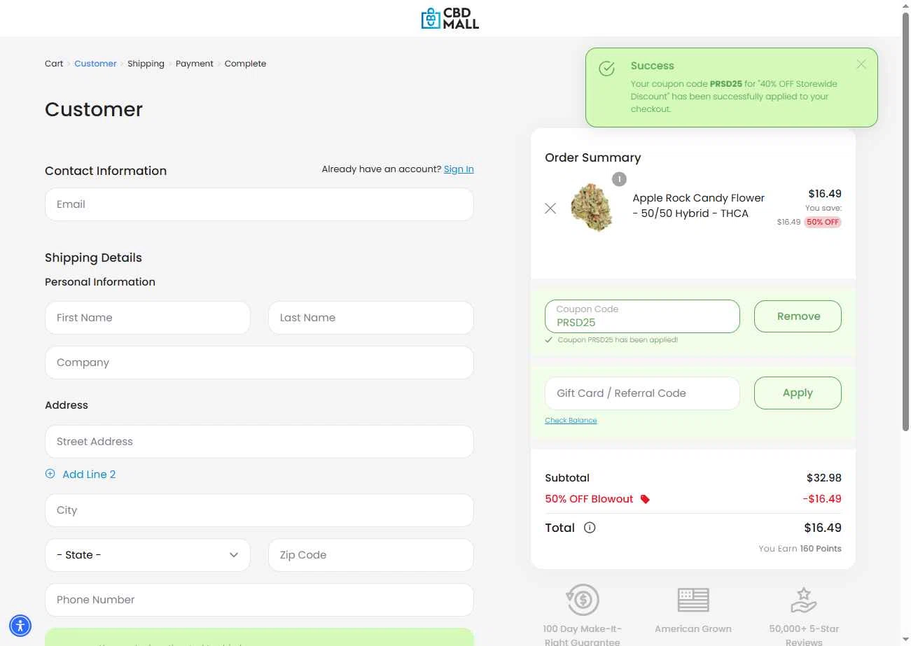 CBD Mall checkout page showing CBD Mall coupon code box | Screenshot taken by SimplyCodes community member on Dec 24, 2025