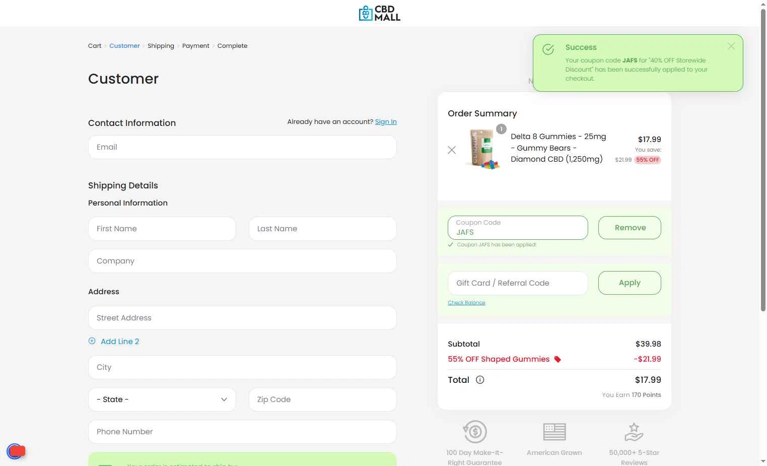 CBD Mall checkout page showing CBD Mall coupon code box | Screenshot taken by SimplyCodes community member on Nov 12, 2025