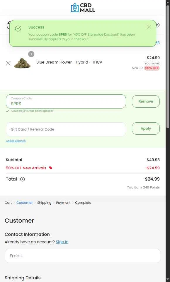 CBD Mall checkout page showing CBD Mall coupon code box | Screenshot taken by SimplyCodes community member on Nov 15, 2025