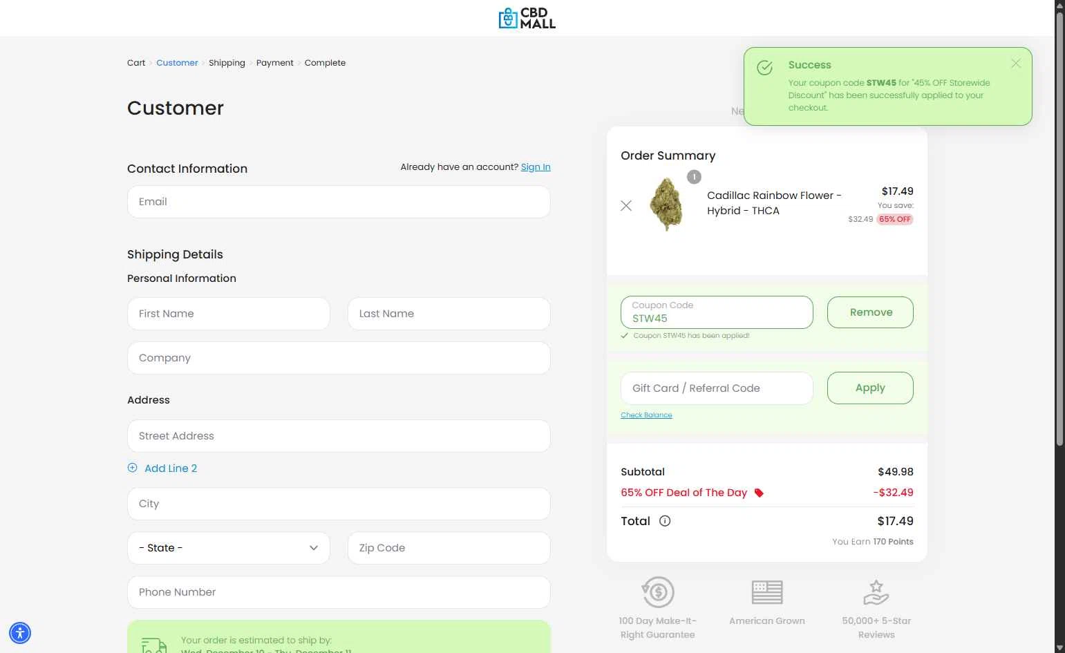 CBD Mall checkout page showing CBD Mall coupon code box | Screenshot taken by SimplyCodes community member on Dec 10, 2025