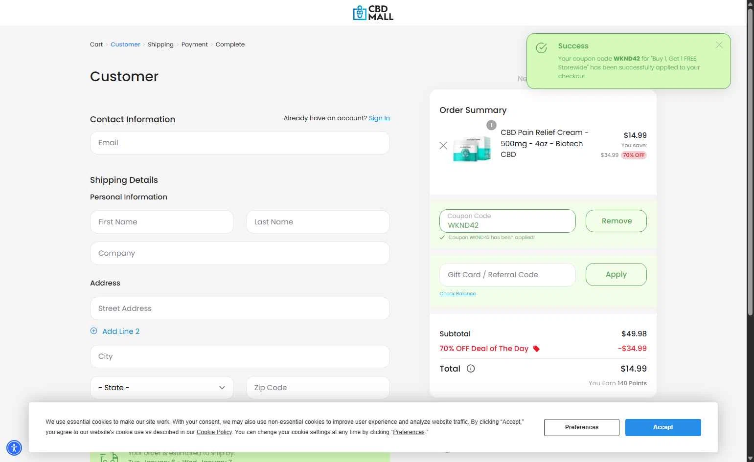CBD Mall checkout page showing CBD Mall coupon code box | Screenshot taken by SimplyCodes community member on Jan 6, 2026