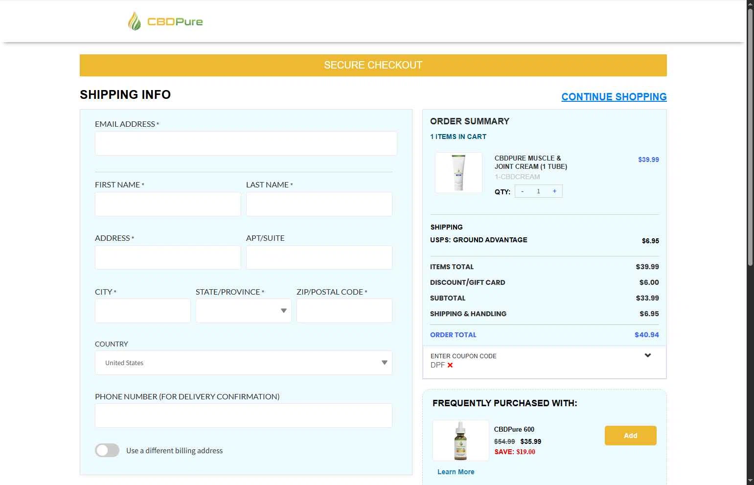 CBDPure checkout page showing CBDPure discount code box | Screenshot taken by SimplyCodes community member on Nov 17, 2025