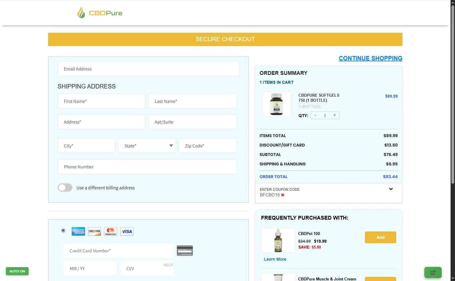 CBDPure checkout page showing CBDPure discount code box | Screenshot taken by SimplyCodes community member on Dec 10, 2025