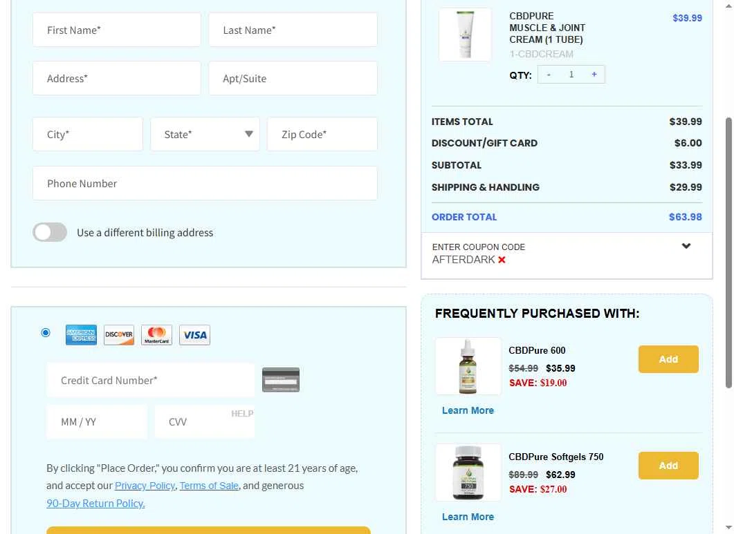 CBDPure checkout page showing CBDPure discount code box | Screenshot taken by SimplyCodes community member on Dec 29, 2025