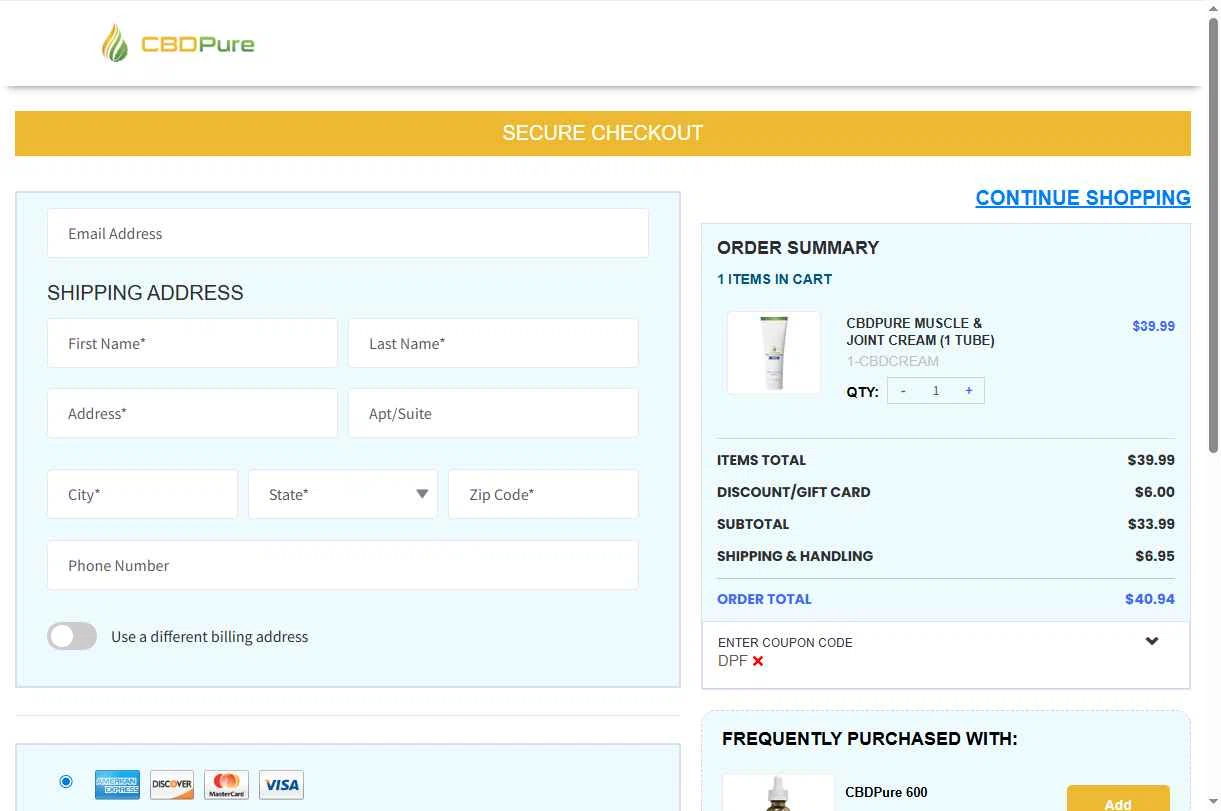 CBDPure checkout page showing CBDPure discount code box | Screenshot taken by SimplyCodes community member on Dec 16, 2025