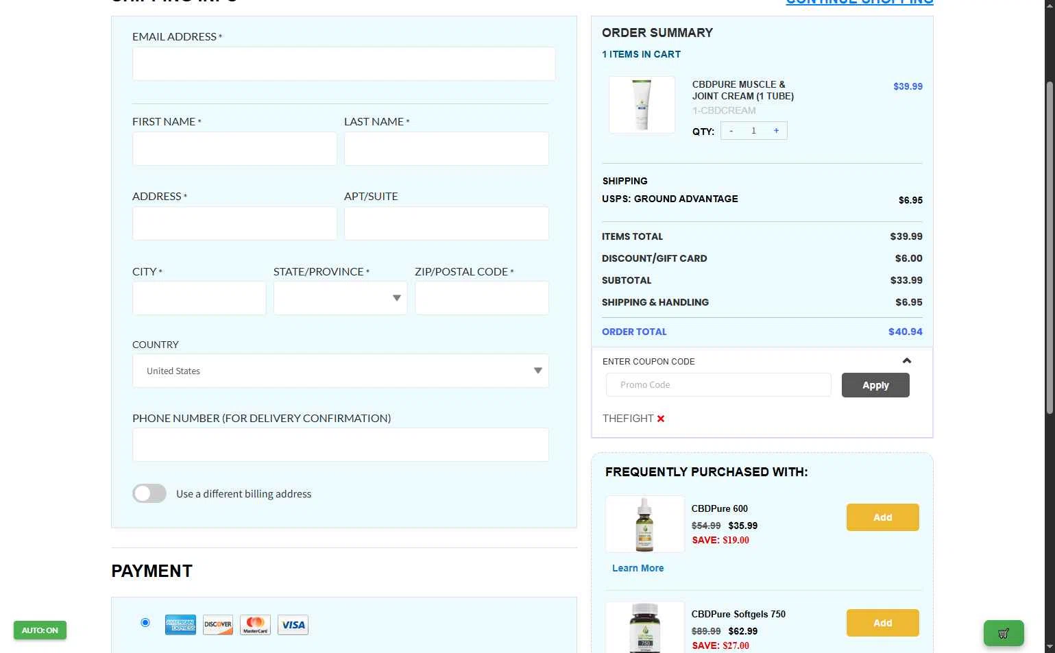 CBDPure checkout page showing CBDPure discount code box | Screenshot taken by SimplyCodes community member on Oct 27, 2025