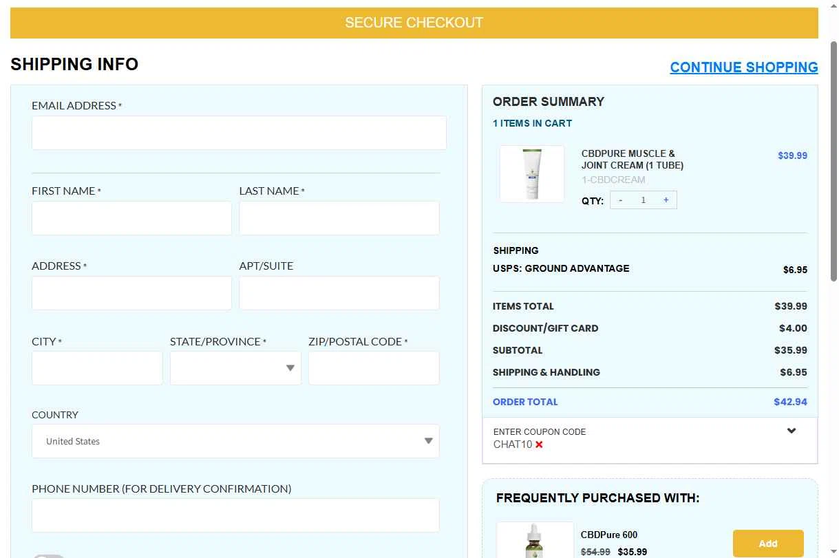 CBDPure checkout page showing CBDPure discount code box | Screenshot taken by SimplyCodes community member on Nov 13, 2025