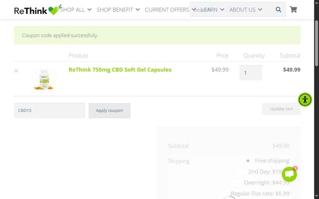 ReThink CBD checkout page showing ReThink CBD promo code box | Screenshot taken by SimplyCodes community member on Aug 6, 2025