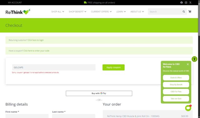 ReThink CBD checkout page showing ReThink CBD promo code box | Screenshot taken by SimplyCodes community member on Sep 4, 2025