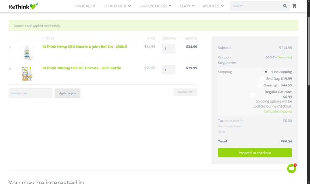 ReThink CBD checkout page showing ReThink CBD promo code box | Screenshot taken by SimplyCodes community member on Aug 3, 2025