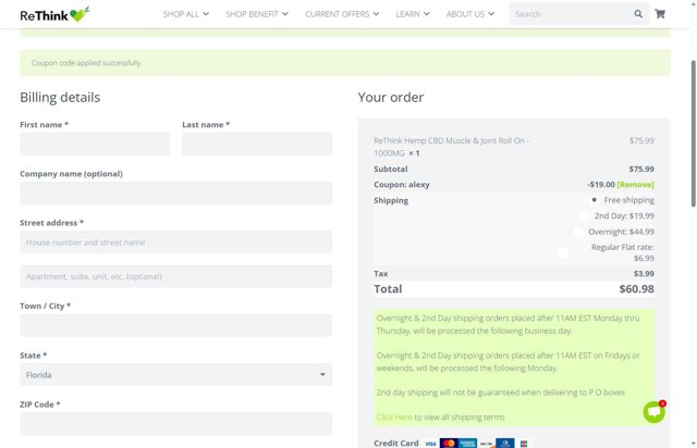 ReThink CBD checkout page showing ReThink CBD promo code box | Screenshot taken by SimplyCodes community member on Jul 5, 2025
