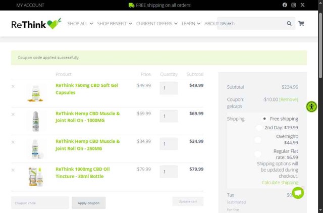 ReThink CBD checkout page showing ReThink CBD promo code box | Screenshot taken by SimplyCodes community member on Aug 6, 2025