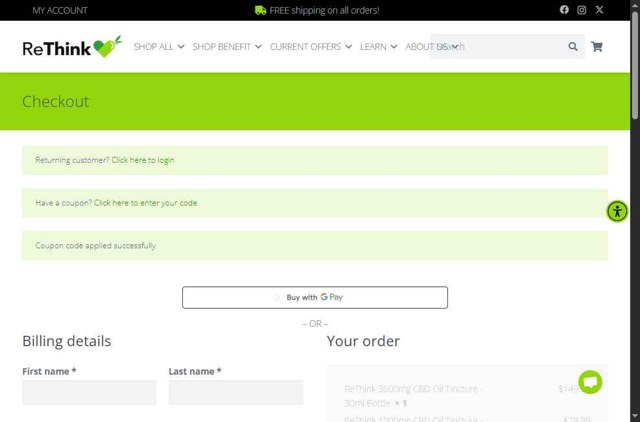 ReThink CBD checkout page showing ReThink CBD promo code box | Screenshot taken by SimplyCodes community member on Aug 6, 2025