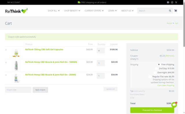 ReThink CBD checkout page showing ReThink CBD promo code box | Screenshot taken by SimplyCodes community member on Aug 1, 2025