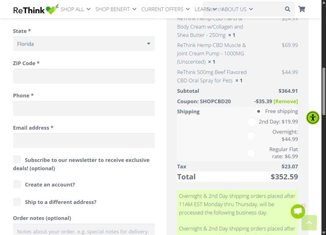 ReThink CBD checkout page showing ReThink CBD promo code box | Screenshot taken by SimplyCodes community member on Jul 16, 2025
