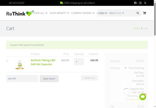 ReThink CBD checkout page showing ReThink CBD promo code box | Screenshot taken by SimplyCodes community member on Jul 28, 2025