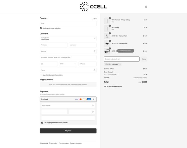 CCELL checkout page showing CCELL discount code box | Screenshot taken by SimplyCodes community member on Mar 8, 2025