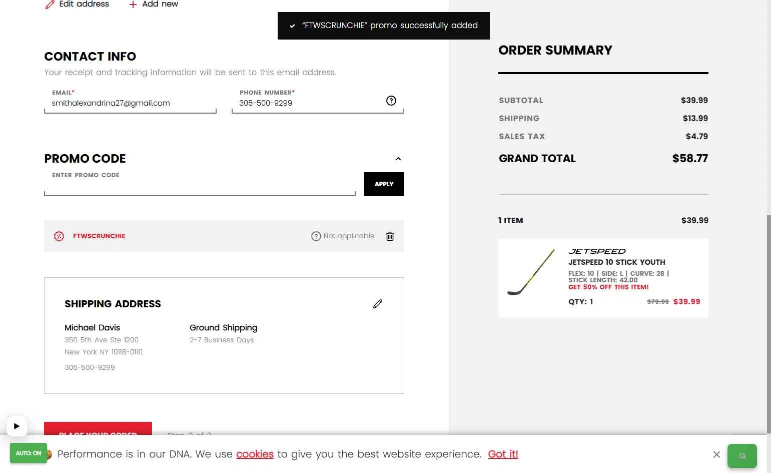 CCM Hockey checkout page showing CCM Hockey promo code box | Screenshot taken by SimplyCodes community member on Jan 29, 2026