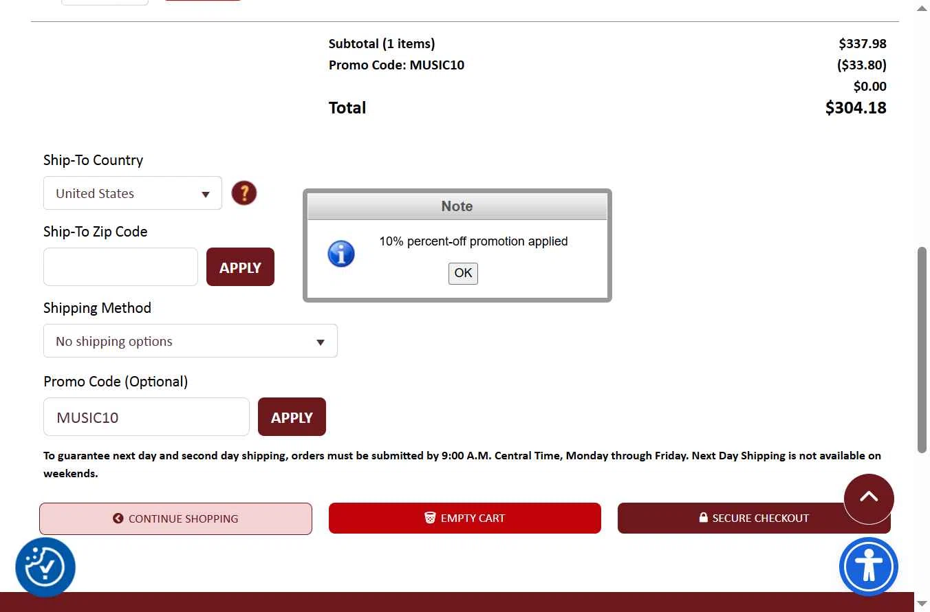 CC Music checkout page showing CC Music promo code box | Screenshot taken by SimplyCodes community member on Dec 21, 2025