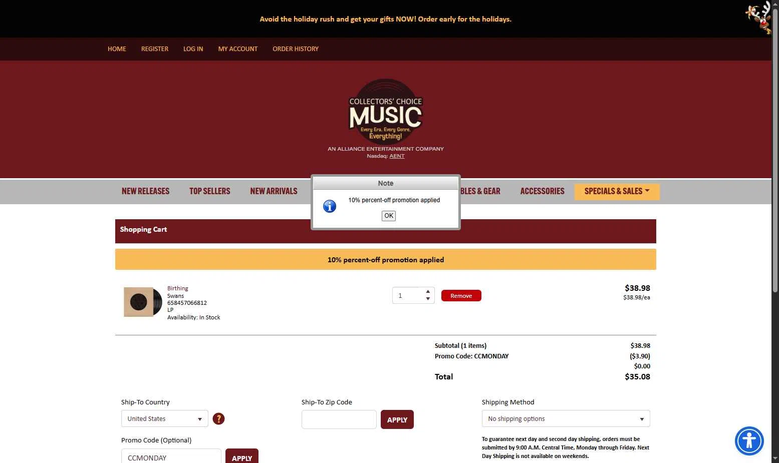 CC Music checkout page showing CC Music promo code box | Screenshot taken by SimplyCodes community member on Dec 1, 2025