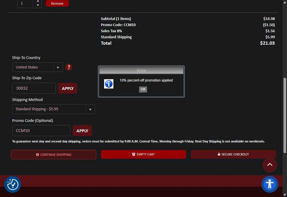CC Music checkout page showing CC Music promo code box | Screenshot taken by SimplyCodes community member on Dec 21, 2025