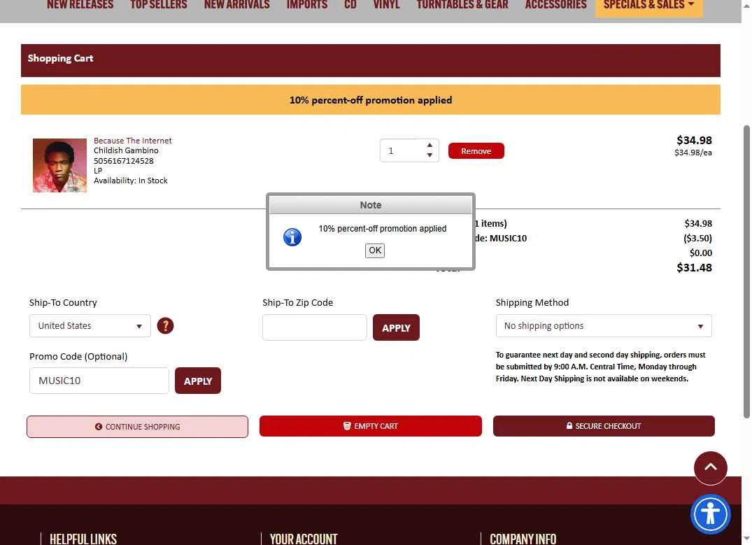 CC Music checkout page showing CC Music promo code box | Screenshot taken by SimplyCodes community member on Jan 2, 2026