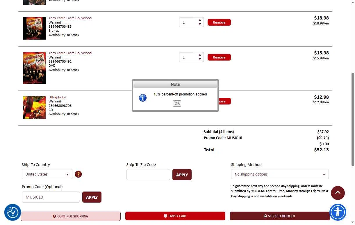 CC Music checkout page showing CC Music promo code box | Screenshot taken by SimplyCodes community member on Jan 25, 2026