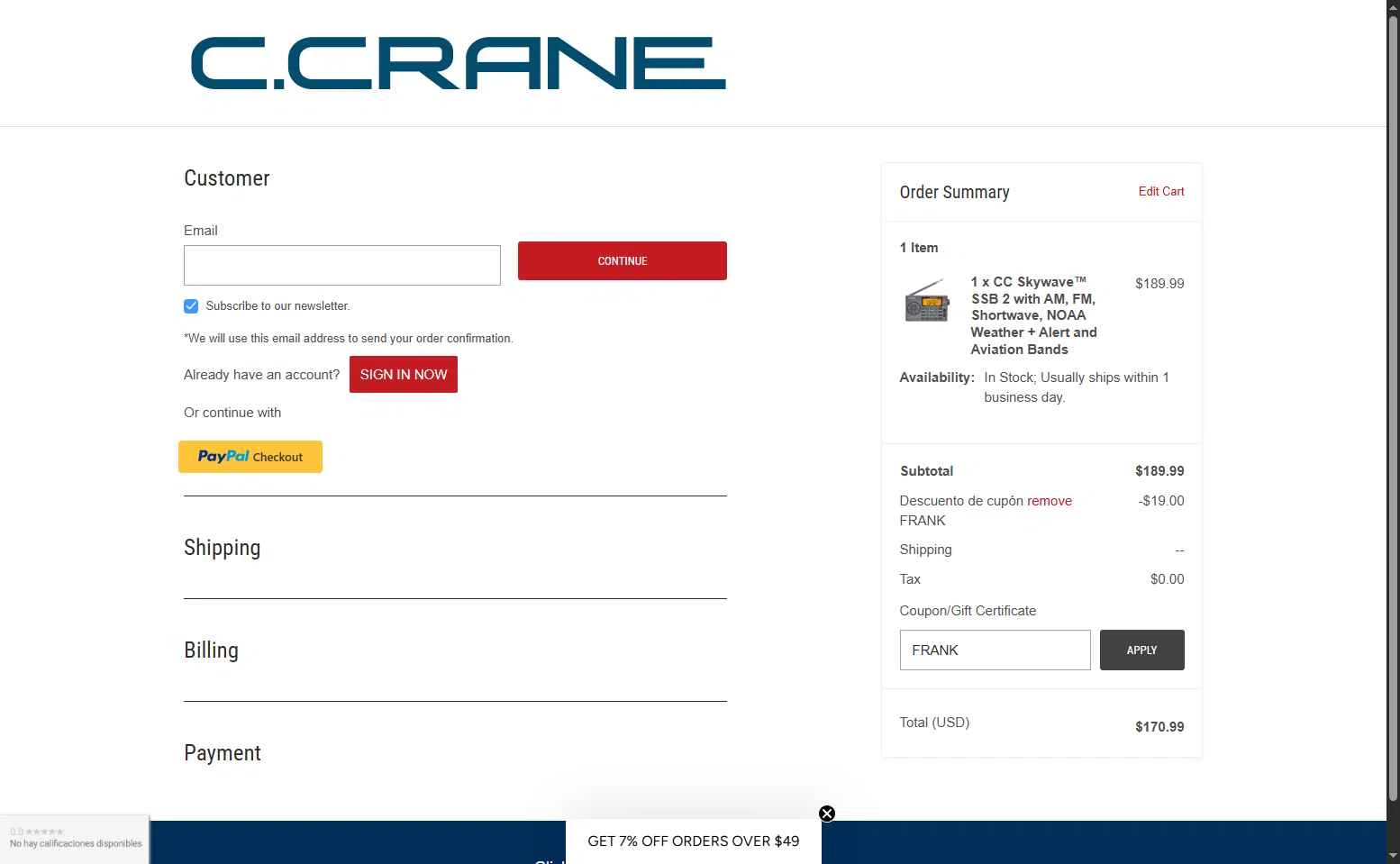 C.Crane checkout page showing C.Crane promo code box | Screenshot taken by SimplyCodes community member on Jun 9, 2025