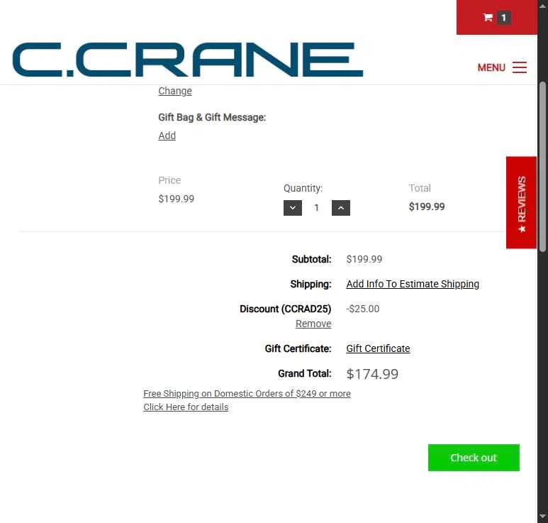 C.Crane checkout page showing C.Crane promo code box | Screenshot taken by SimplyCodes community member on Nov 24, 2025