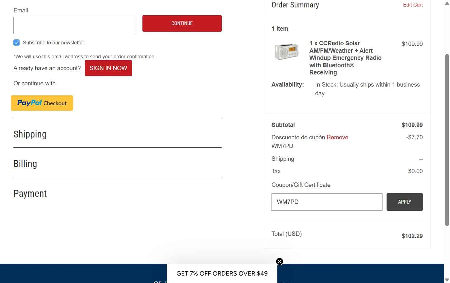 C.Crane checkout page showing C.Crane promo code box | Screenshot taken by SimplyCodes community member on Nov 26, 2025