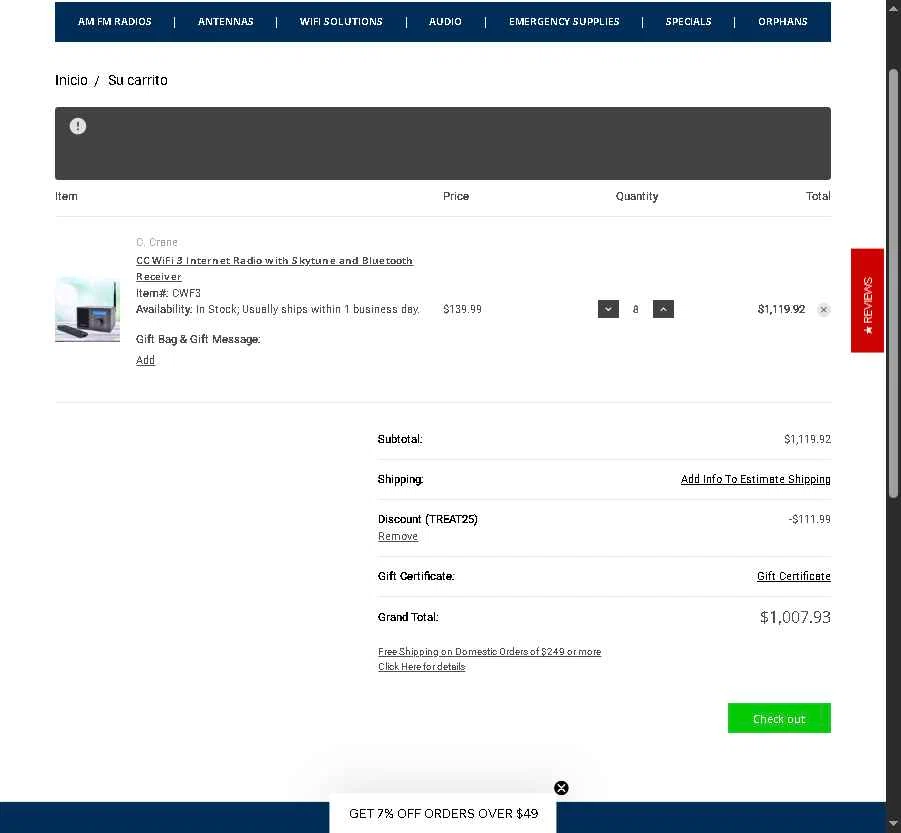 C.Crane checkout page showing C.Crane promo code box | Screenshot taken by SimplyCodes community member on Oct 27, 2025