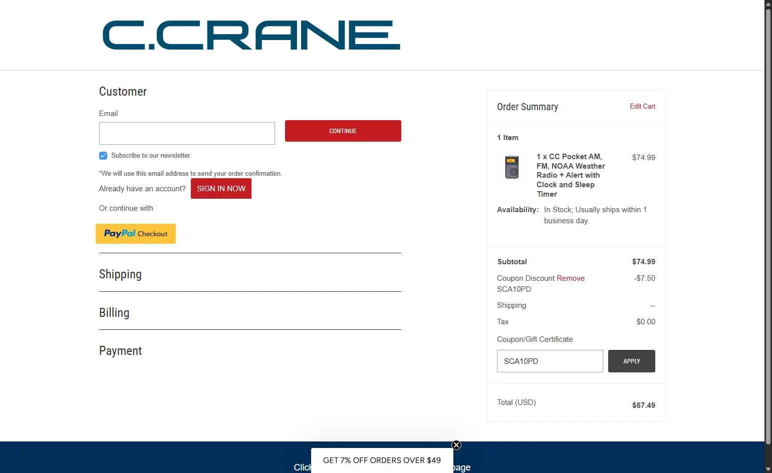 C.Crane checkout page showing C.Crane promo code box | Screenshot taken by SimplyCodes community member on Nov 26, 2025