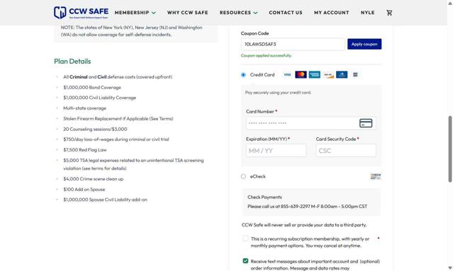CCW Safe checkout page showing CCW Safe coupon code box | Screenshot taken by SimplyCodes community member on Sep 5, 2025