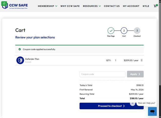 CCW Safe checkout page showing CCW Safe coupon code box | Screenshot taken by SimplyCodes community member on May 14, 2025