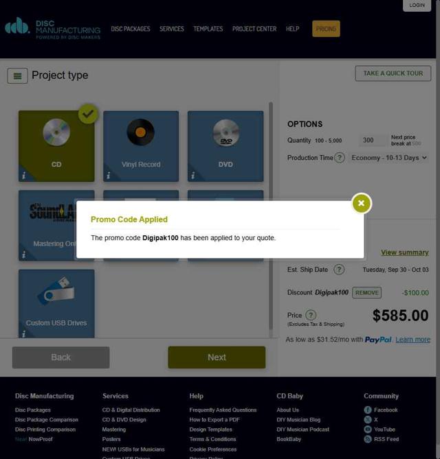 CD Baby checkout page showing CD Baby coupon code box | Screenshot taken by SimplyCodes community member on Sep 15, 2025