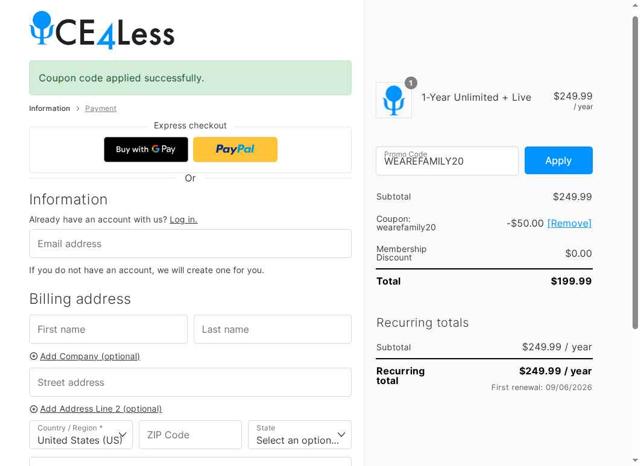 Ce4less checkout page showing Ce4less coupon code box | Screenshot taken by SimplyCodes community member on Sep 6, 2025
