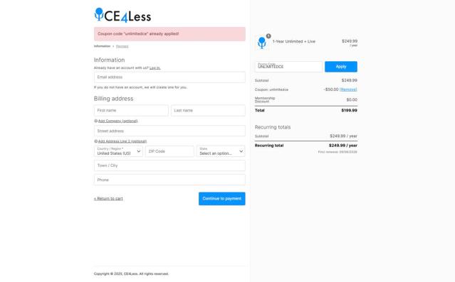 Ce4less checkout page showing Ce4less coupon code box | Screenshot taken by SimplyCodes community member on Sep 6, 2025