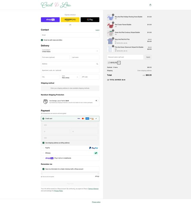 Cecil and Lou checkout page showing Cecil and Lou coupon code box | Screenshot taken by SimplyCodes community member on Feb 25, 2025
