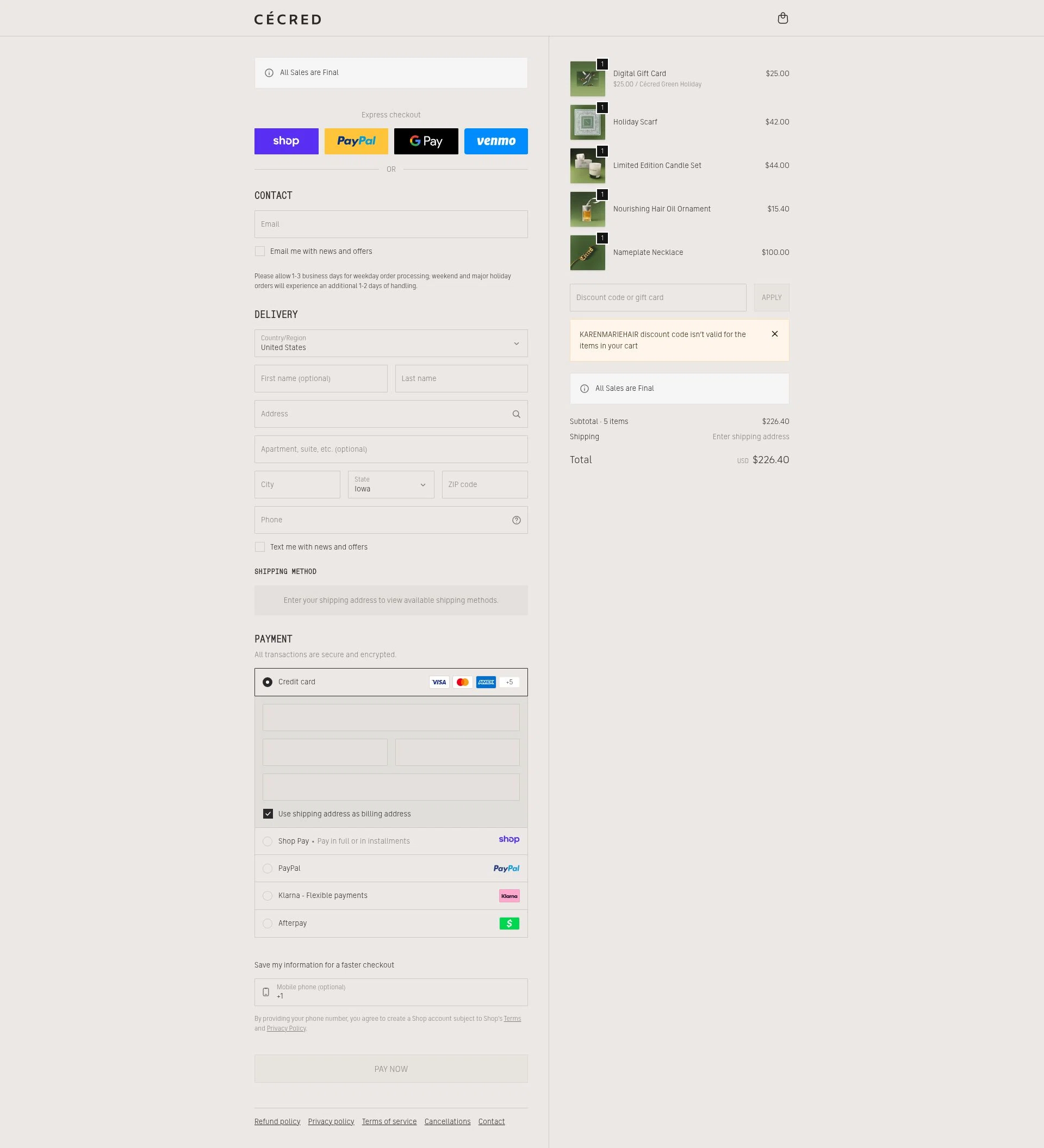 Cécred checkout page showing Cécred promo code box | Screenshot taken by SimplyCodes community member on Jan 8, 2026