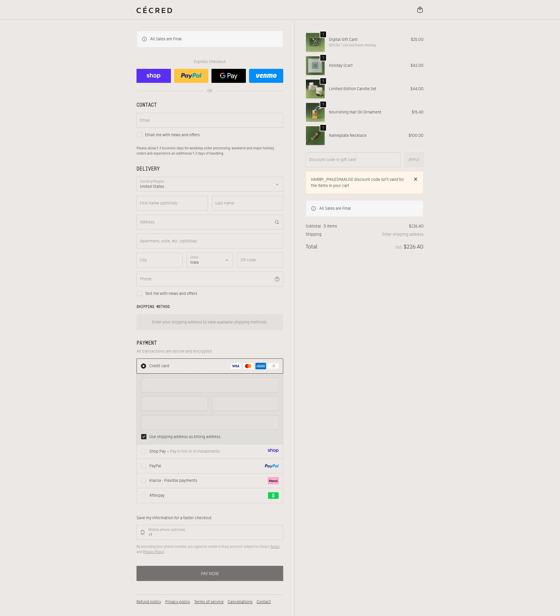 Cécred checkout page showing Cécred promo code box | Screenshot taken by SimplyCodes community member on Jan 8, 2026