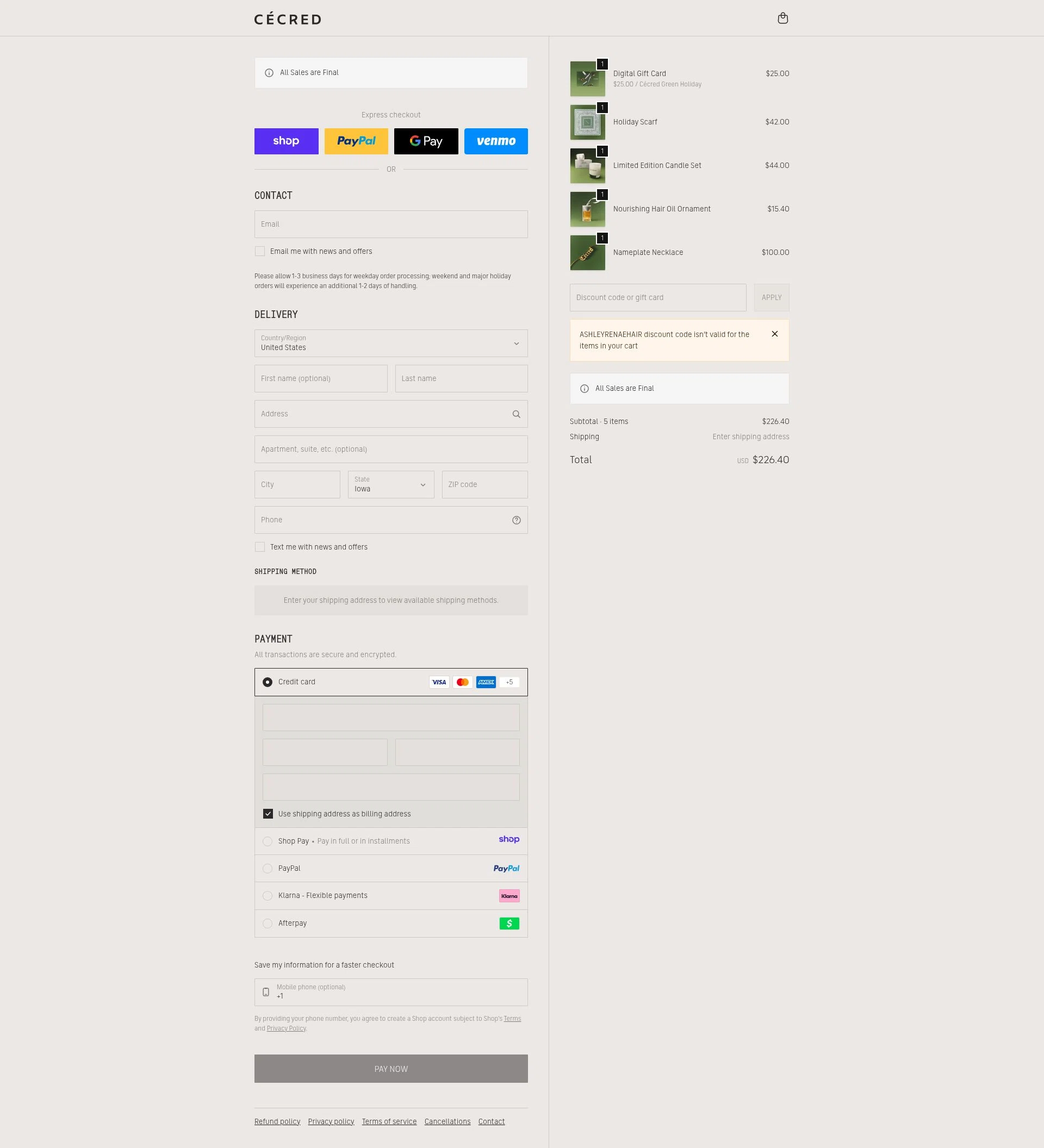 Cécred checkout page showing Cécred promo code box | Screenshot taken by SimplyCodes community member on Jan 8, 2026