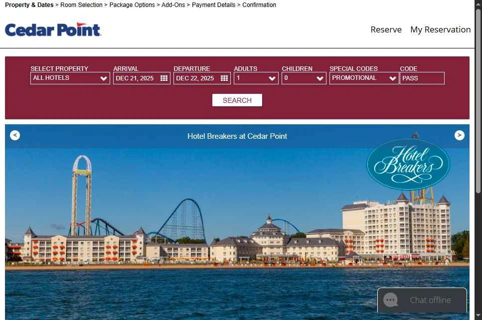 Cedar Point Amusement Park checkout page showing Cedar Point Amusement Park promo code box | Screenshot taken by SimplyCodes community member on Dec 21, 2025