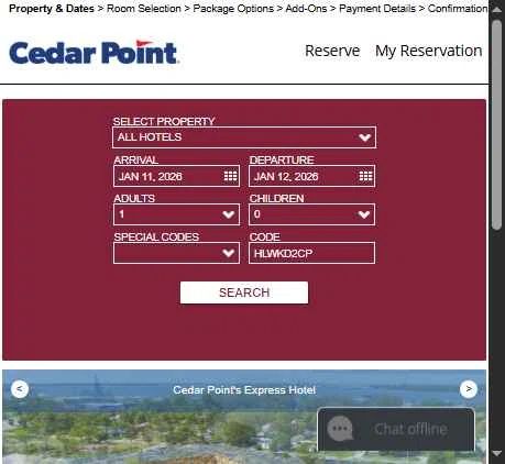 Cedar Point Amusement Park checkout page showing Cedar Point Amusement Park promo code box | Screenshot taken by SimplyCodes community member on Jan 11, 2026