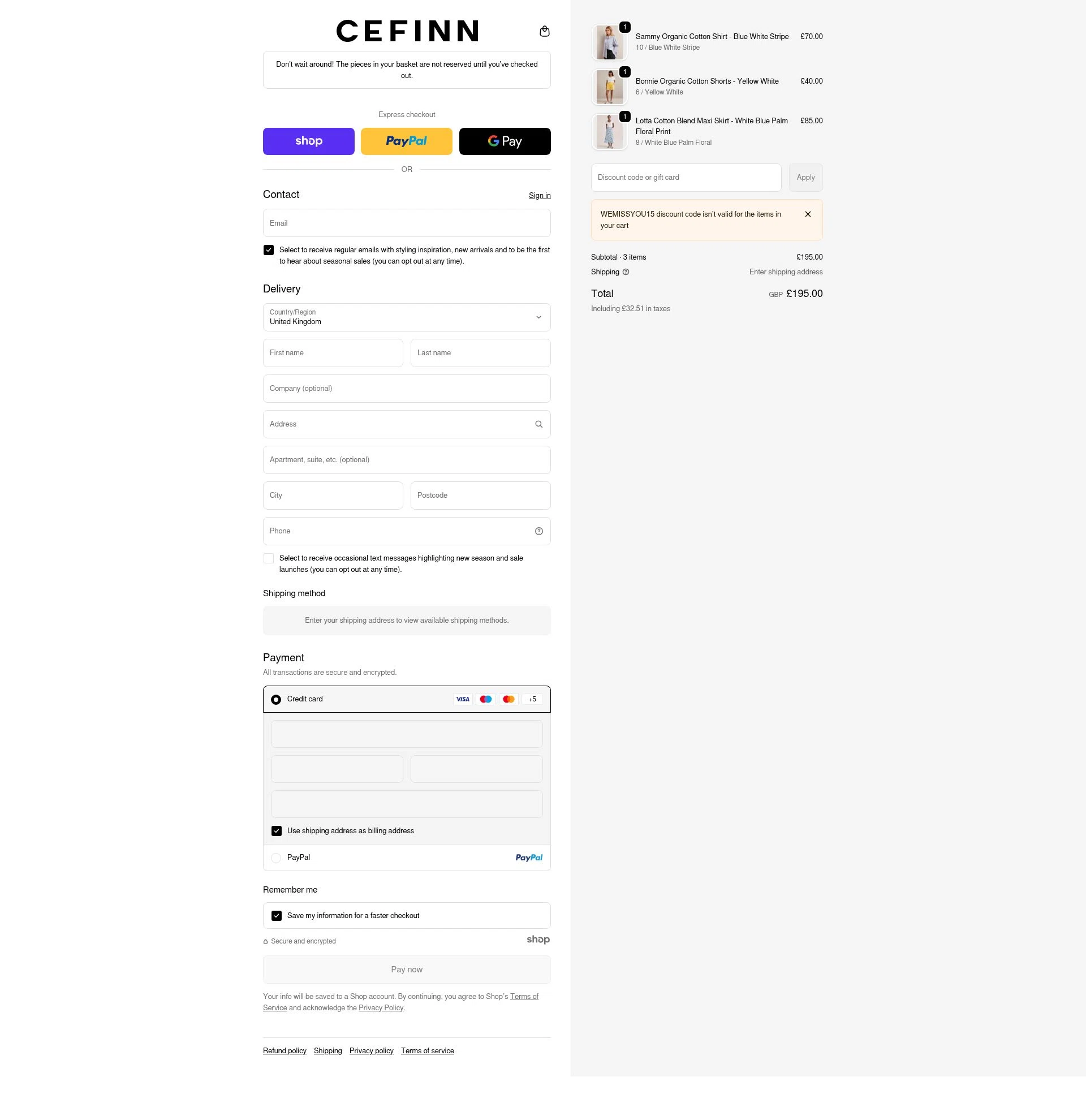Cefinn checkout page showing Cefinn discount code box | Screenshot taken by SimplyCodes community member on Dec 28, 2025