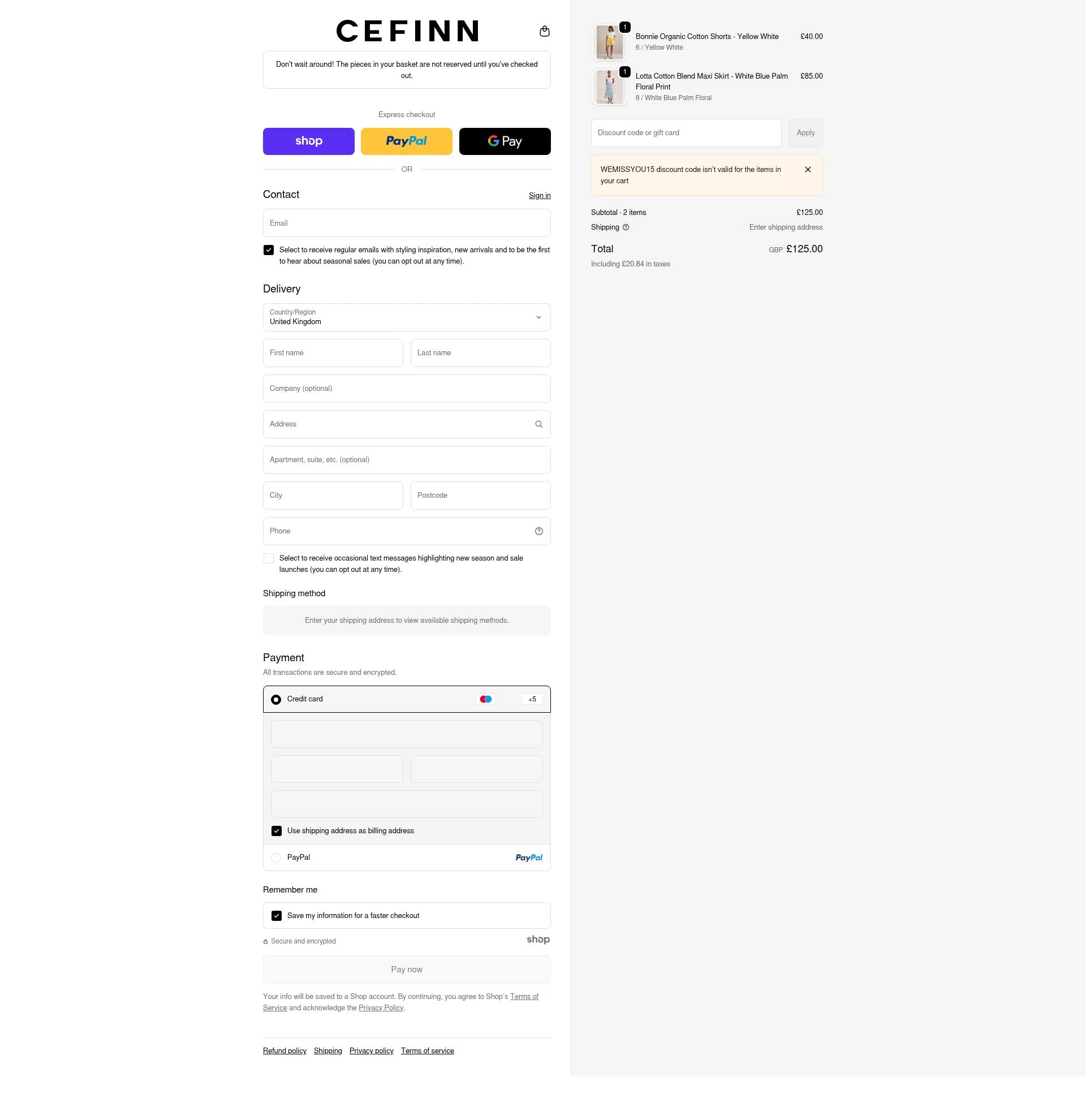 Cefinn checkout page showing Cefinn discount code box | Screenshot taken by SimplyCodes community member on Jan 2, 2026